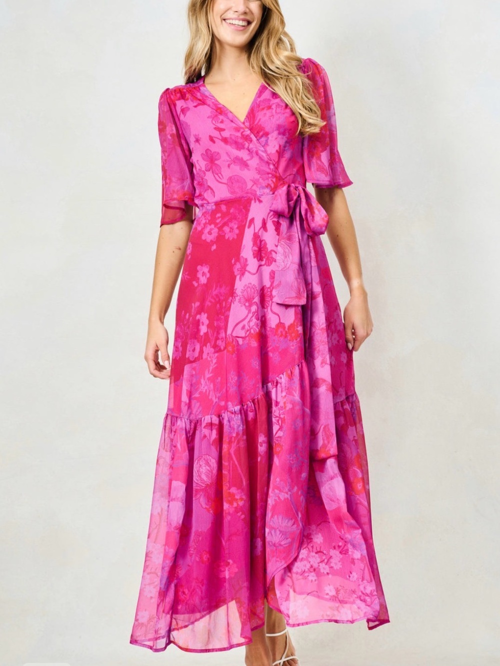 Fuchsia Floral Wrap Maxi Dress with Tie Waist